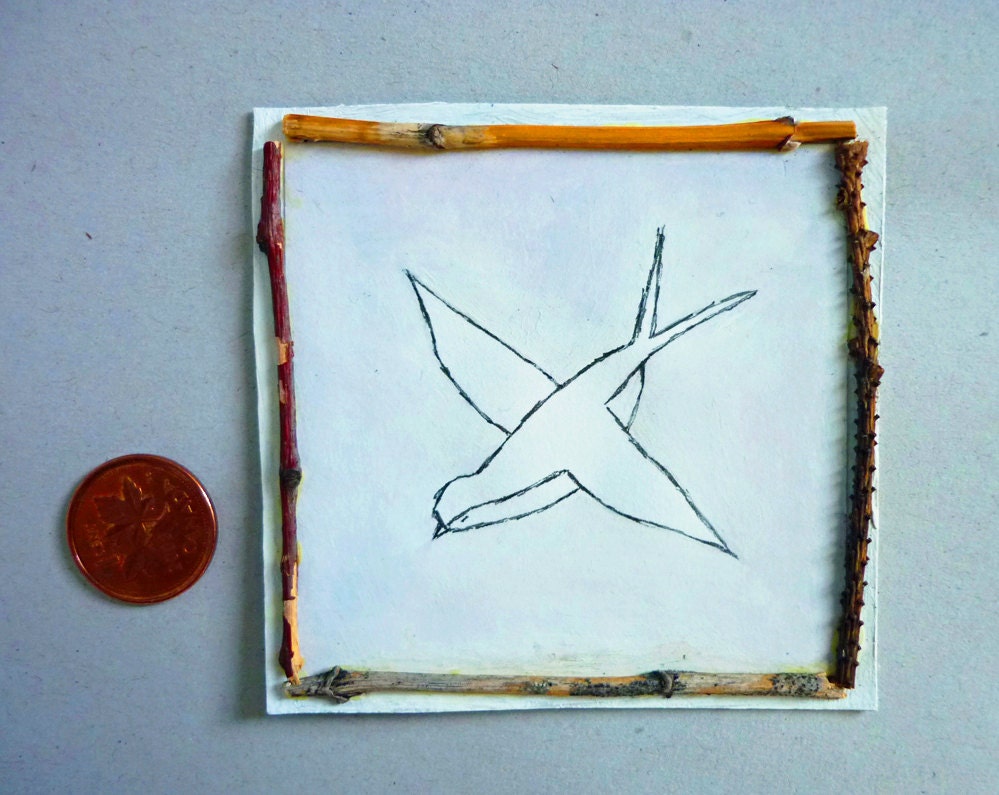 White swallow, original drawing and gouache, framed with tree branches