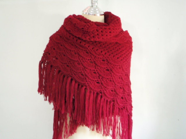 Hand Crochet Triangular Shawl in Cherry Red