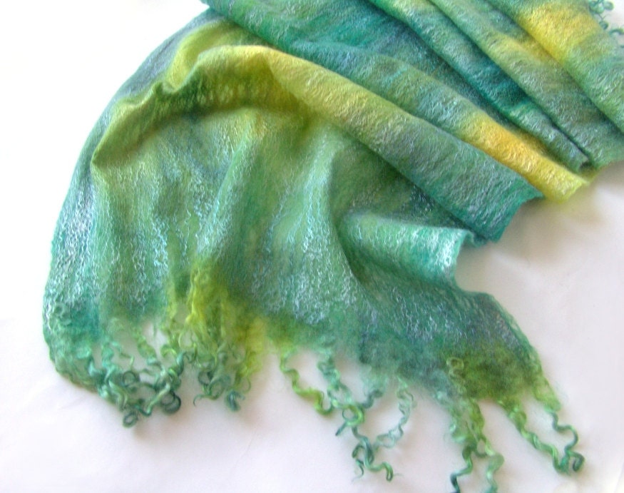 Felted scarf -  Teal Green Blue yellow sea waves