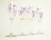 Personalized Bridesmaid Champagne Glasses - Hand Painted Silver and Lavender Purple Rose Buds, Set of 4 - Toasting Flute Maid of Honor
