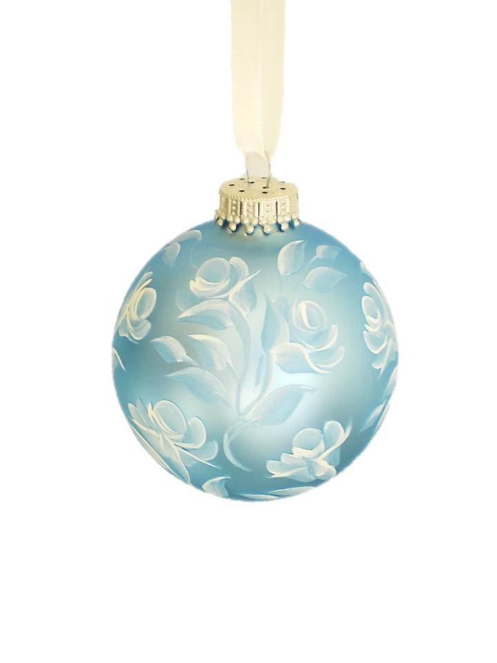 Christmas Ornament - Baby Blue Satin Ball with Hand Painted Blue, White Roses, White Ribbon, Curly Hanger - Holidays Babys 1st Gift