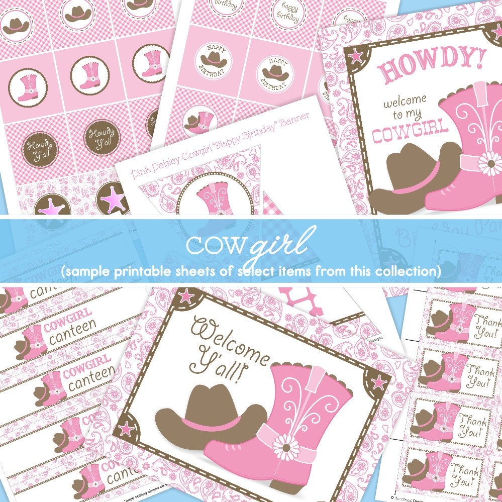 DIY Party Decorations Pink Paisley Cowgirl Birthday PACKAGE - printable favor tags, banner and more - DoodleLulu by 2 june bugs Il_570xn