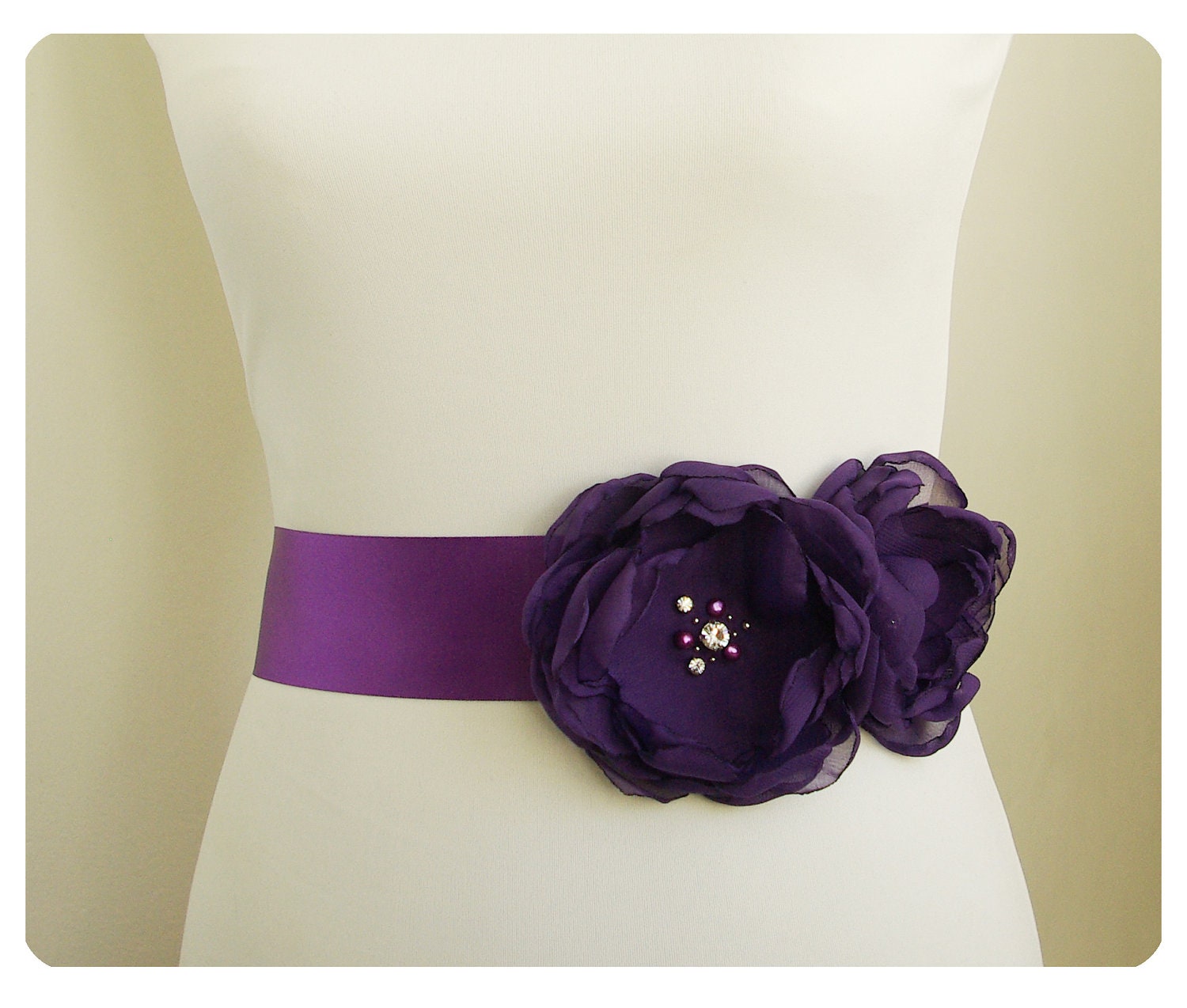Chiffon Rose Flower Wedding Sash, Purple Bridal Belt, Rhinestone Sash, Dress Sash, Sashes and Belts