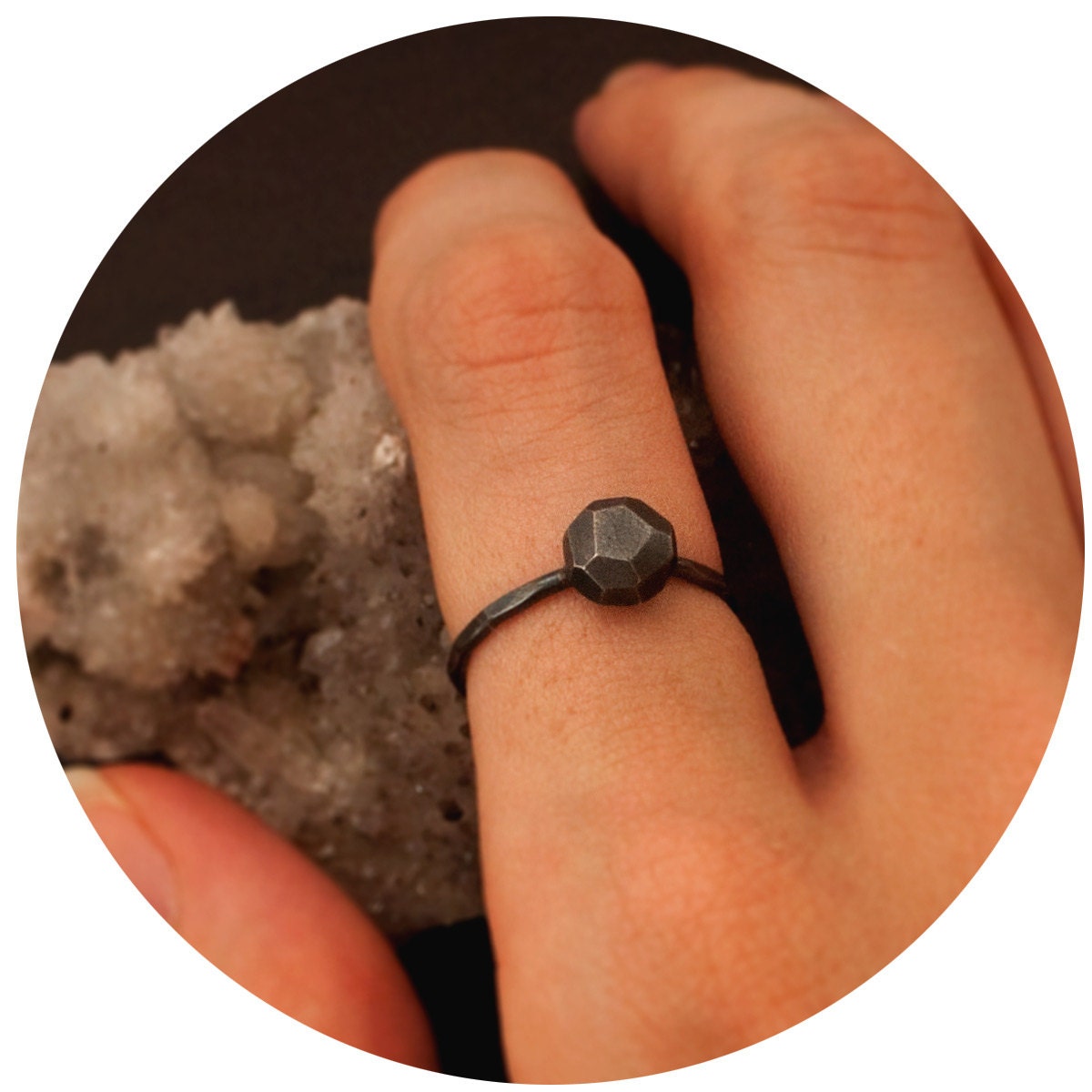 Black Cavedweller rock ring // Sterling silver Oxidized Faceted