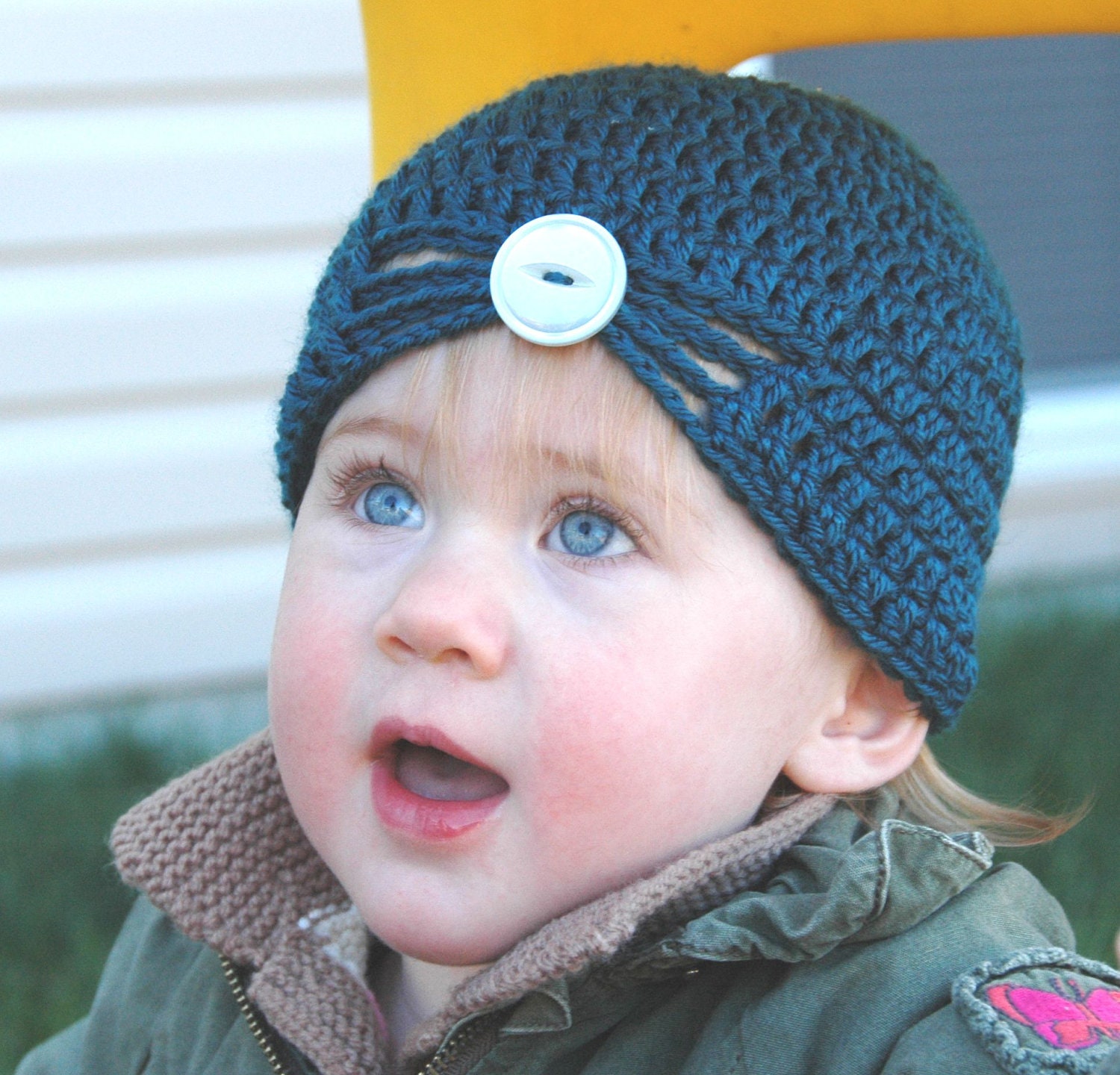 Crochet Flapper Hat Blue with button 12 to 18 months
