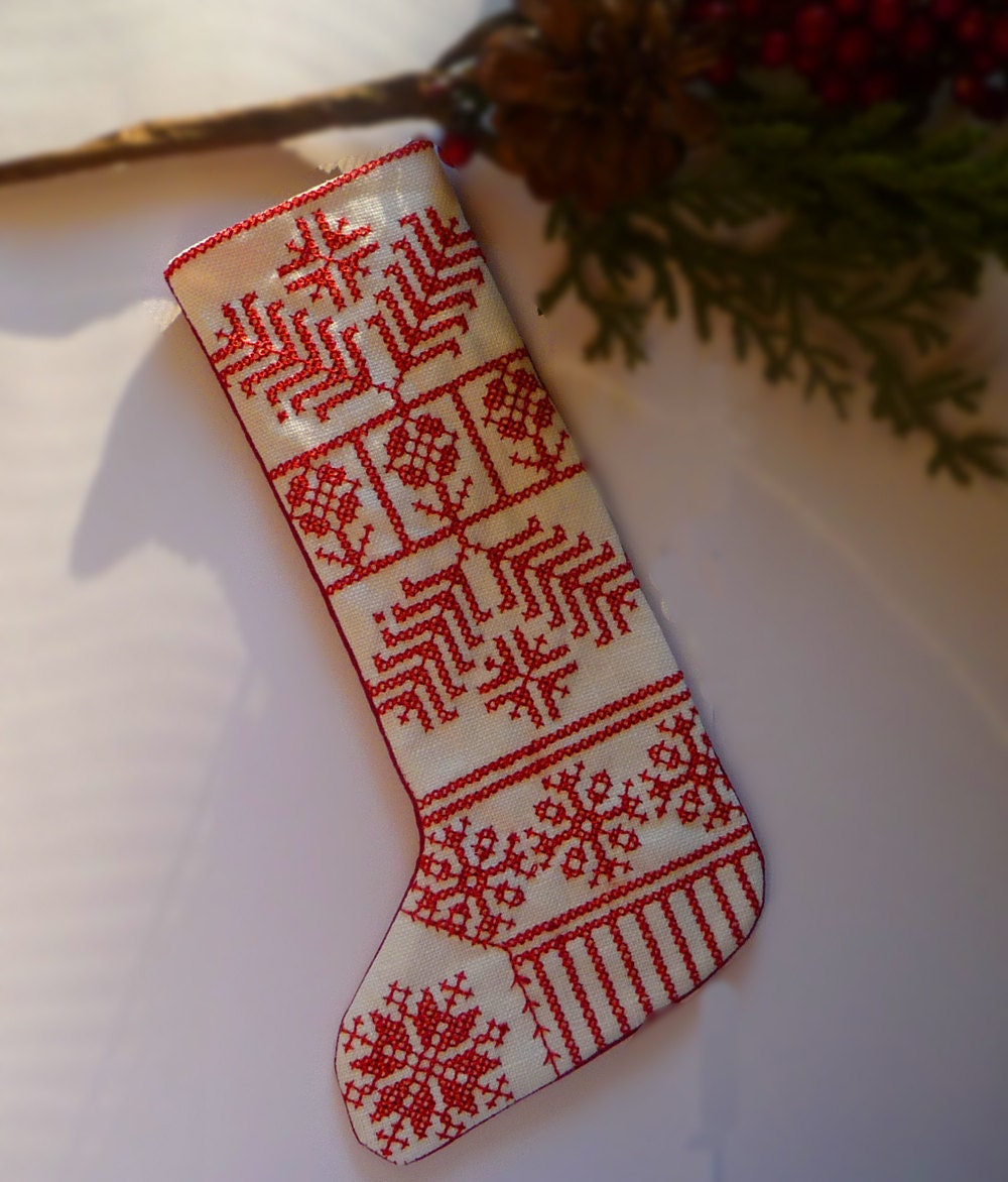Nordic Folkart Redwork Embroidered Linen Christmas Stocking Ornament
