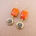 30% OFF COUPON SALE - Time & Space.  Tiny Pyrite Locket and Vintage Orange Glass Earrings