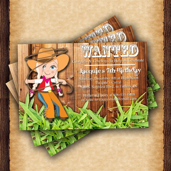 12 Kid's Cowgirl Western Birthday Invitations OR Digital File