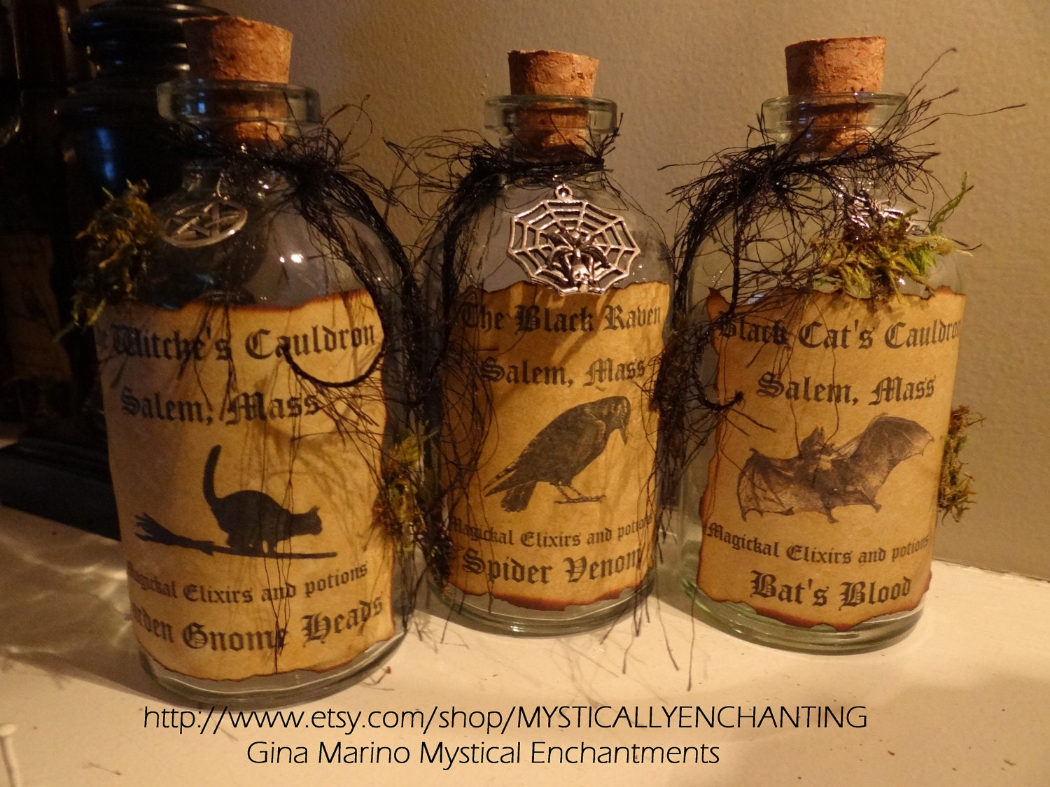Primitive Style Halloween Witch SPELL Potion Bottle- Set of 3