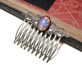 Vintage Pink Harlequin Fire Opal Hair Comb - Antiqued Gold - Antique Brass - WWII