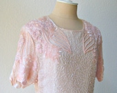 vintage exquisite beaded pale pink sheer silk chiffon shimmering party dress.  x-large