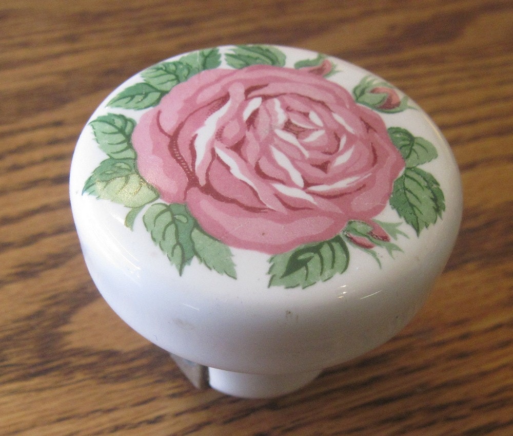 1 neat pink rose transfer porclain door knob, vintage