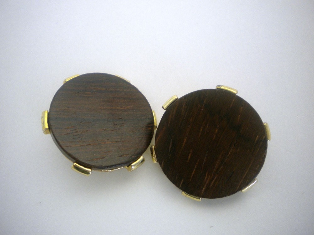 Vintage Round Wooden Earrings with Gold Accents Clip ons