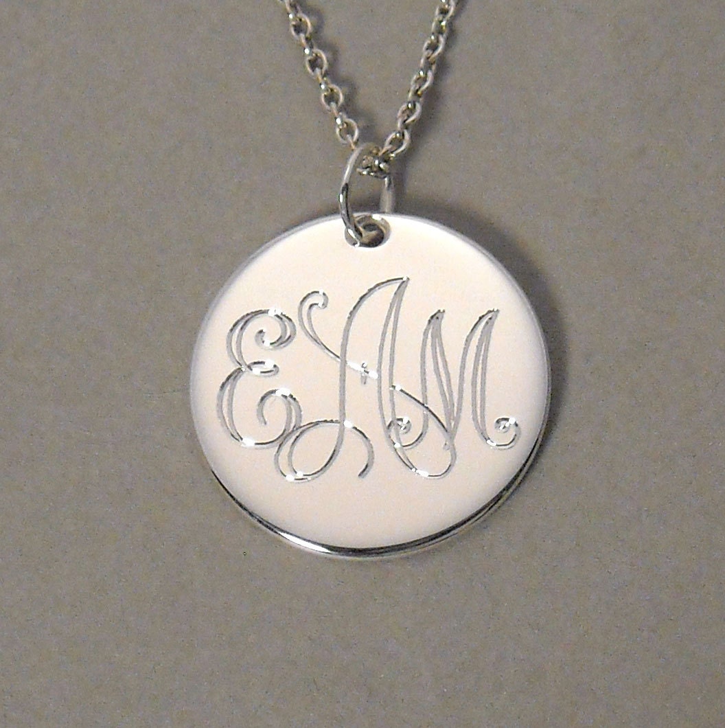 Engraved script monogram pendant necklace triple initial sterling silver 5/8 inch round circle disc UDLOS