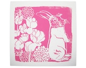 Wall Art, Hot Pink Bunny Framed Cloth Print, 19 inch Bark Cloth Silk Screened