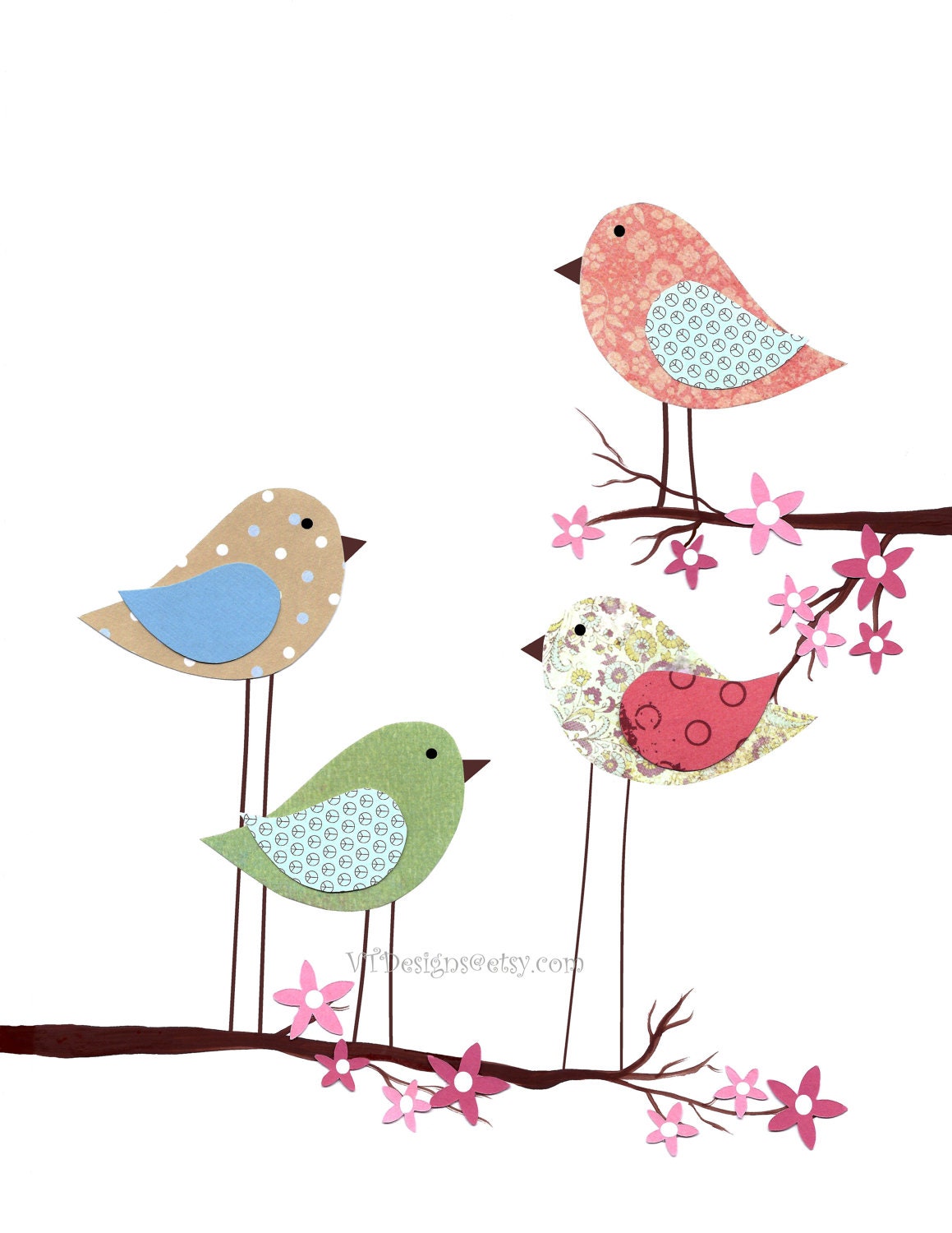 Nursery Art, Baby Room Decor, Girls Room Art Decor, Children's Room Decor, Birds, Cherry Blossom Tree,  All Together, 8x10 Print