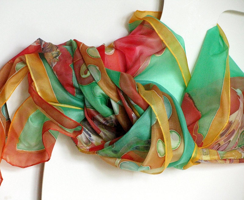 Hand dyed - hand painted silk scarf on ponge silk Feather180x45