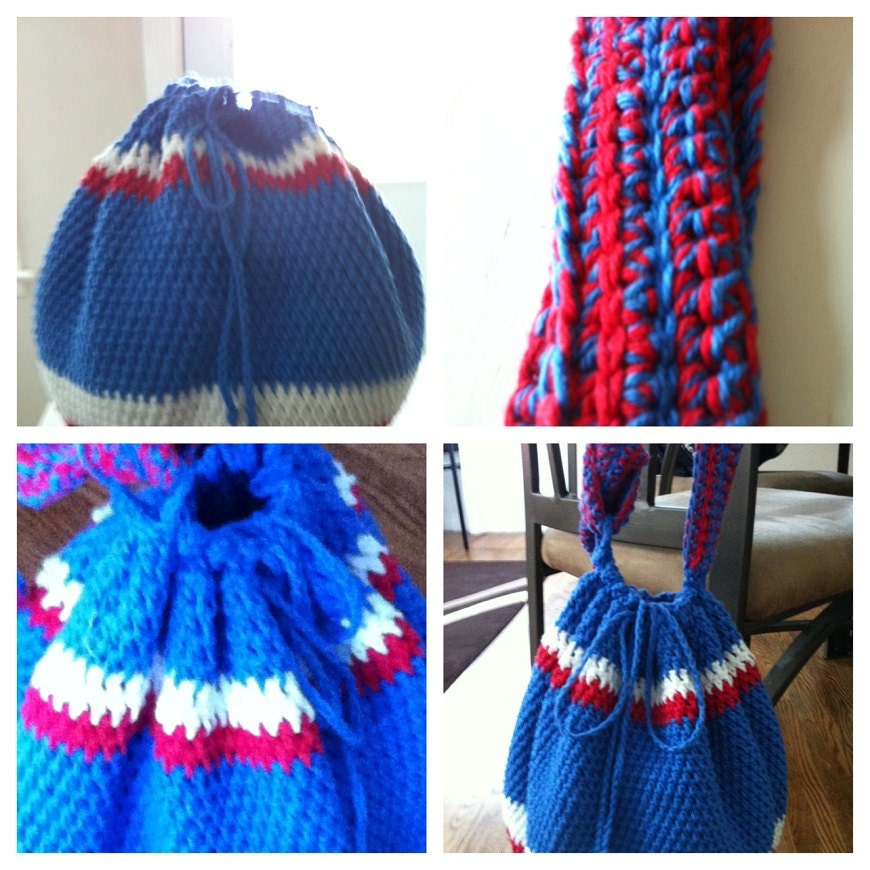 Belize Inspired Crochet Drawstring Bag Sac in Red, White and Blue