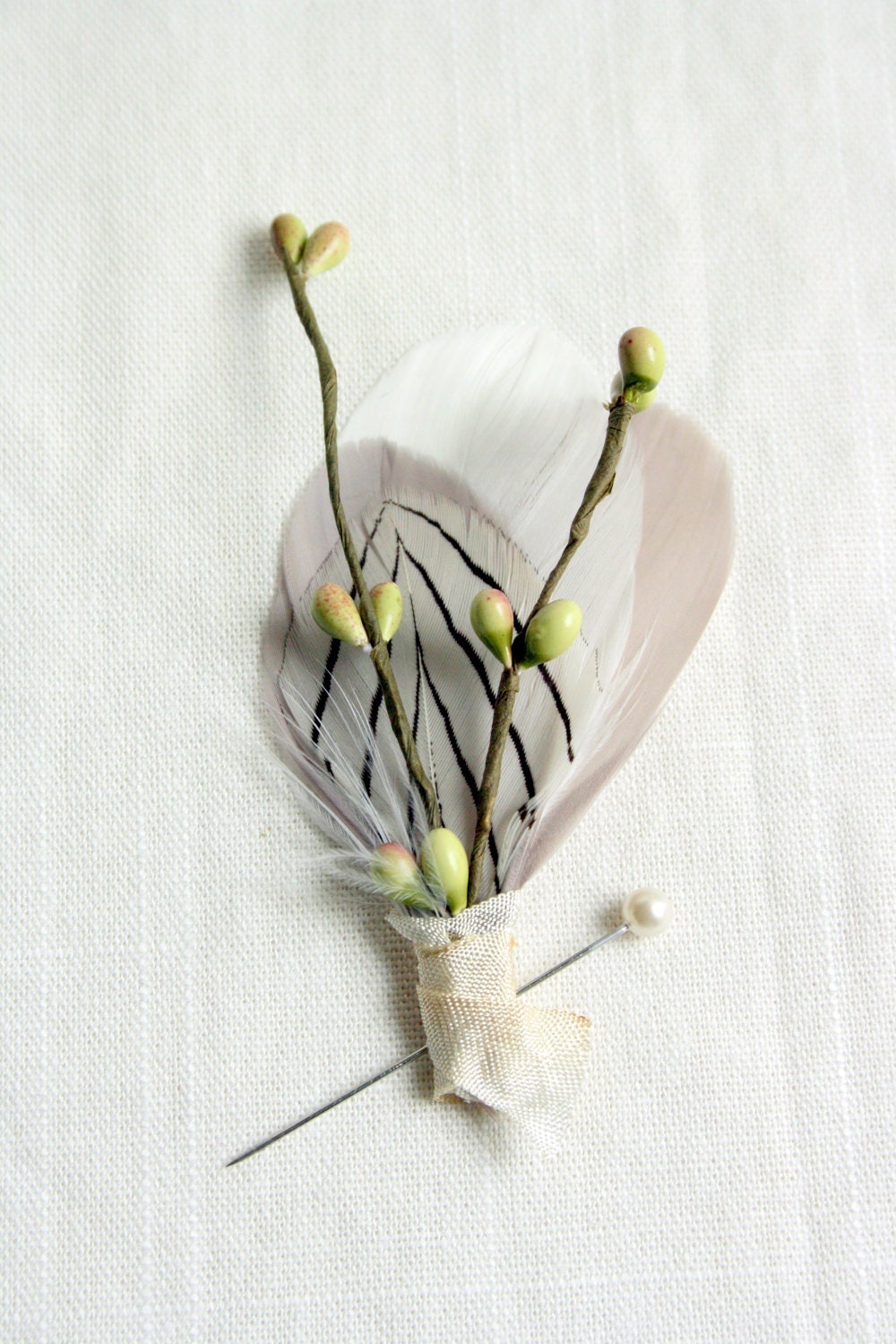 HONEYCRISP Boutonniere / Corsage in Greige, Ivory, and Preppy Stripes with Green and Red Berries