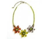 Flower Statement Necklace, Green, Amber Brown, Grey - Handmade Beaded Necklace