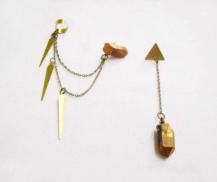 Spike Ear Cuff Earring, Gold Quartz Earcuff Earring, Double Chain earcuff, Boho Earcuff Earring
