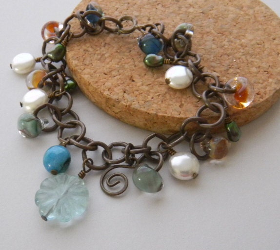 Beach Bracelet Sea Bracelet Charm bracelet in antique bronze Pearl Bracelet Spring Jewelry Beach Wedding jewelry