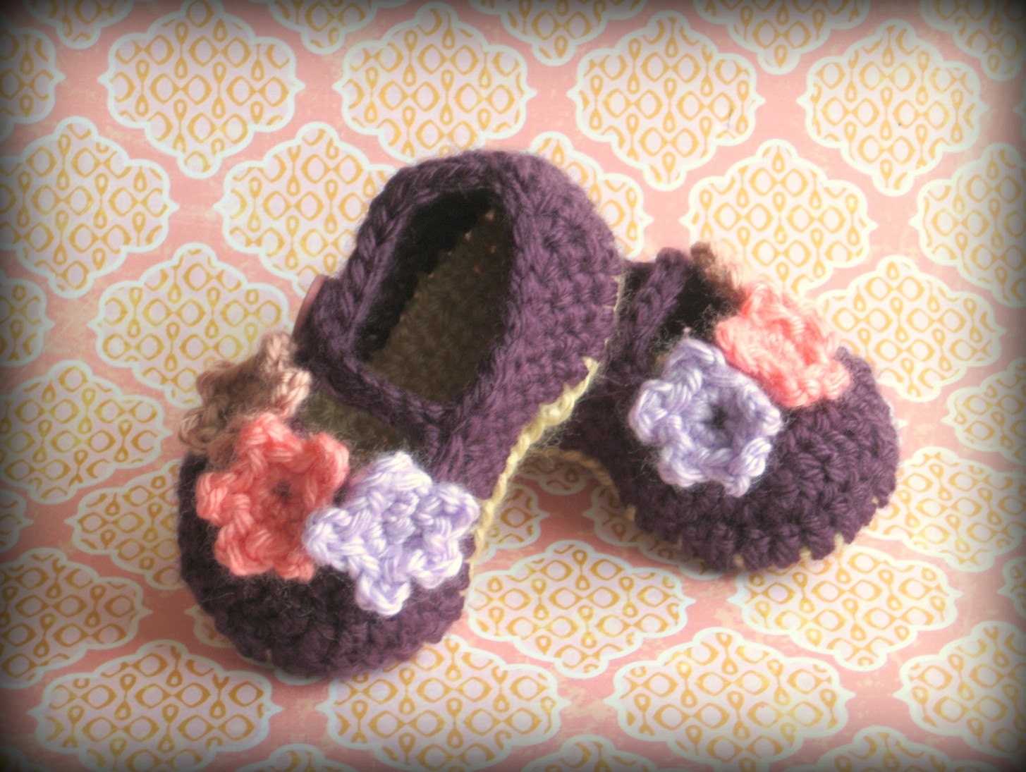 Purple Mary Jane Slippers with Floral Accents - Crocheted Baby Booties