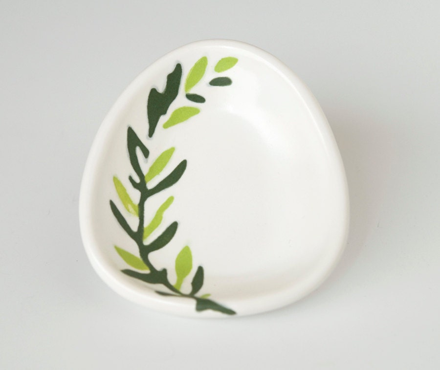 small ceramic dish - abstract twig in chartreuse and dark green on white