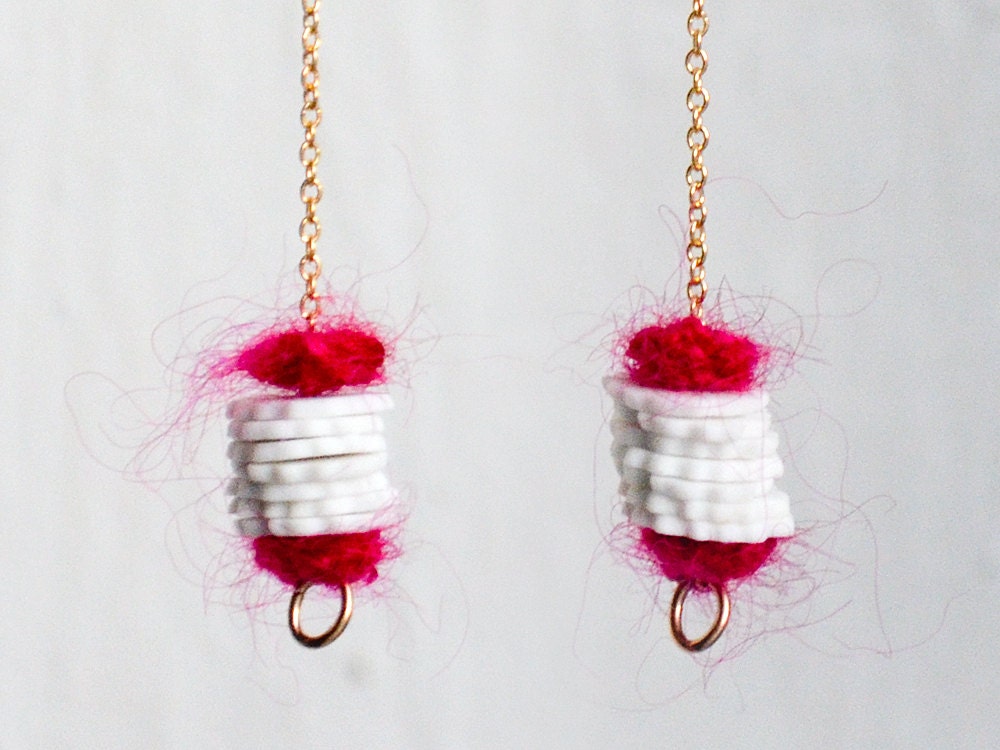 Bright Magenta and White Porcelain Earrings - Fiber Jewelry - White and Gold
