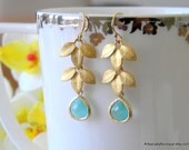 Turquoise drop and gold leaf earrings - gold filled