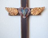The Wings of Time Rustic Steampunk Cross - Spiritual Art Piece - Keyhole Heart Cross