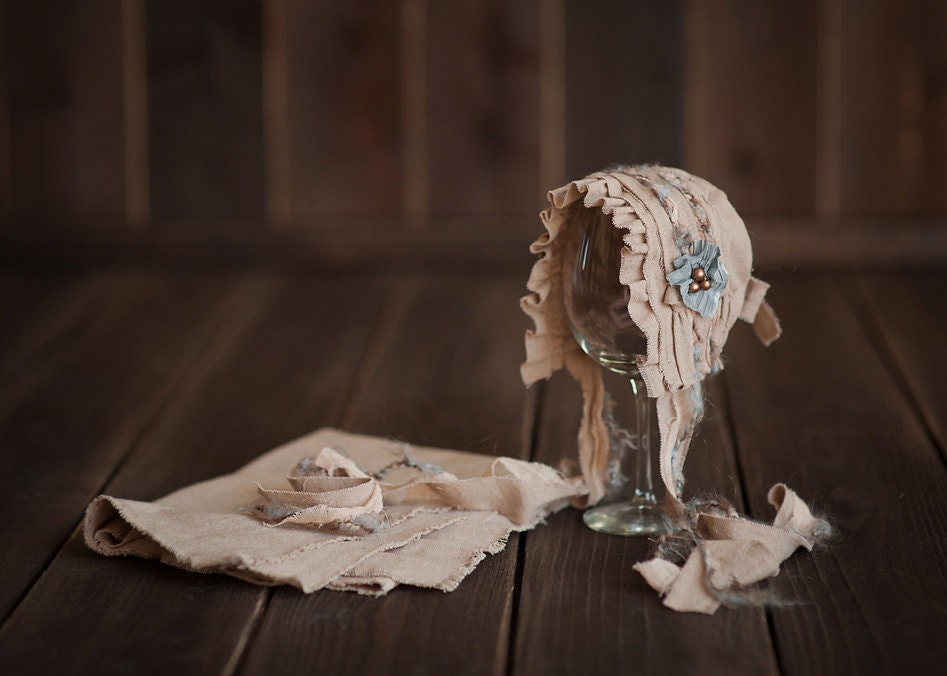 SAVANNAH Fabric Bonnet and Matching Wrap. Tan. Neutral. Brown. Blue. Shabby Chic. Newborn. Baby Girl. Photography Prop. Vintage Style.