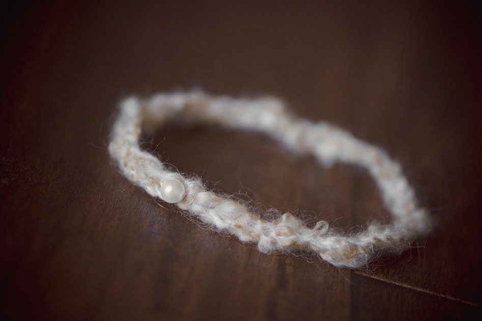 Newborn Halo Headband. Tieback. Natural. Merino wool. Mohair. Caramel. Tan. Pearl. Tieback. Photography Prop. Yarn. Crochet. Knit.