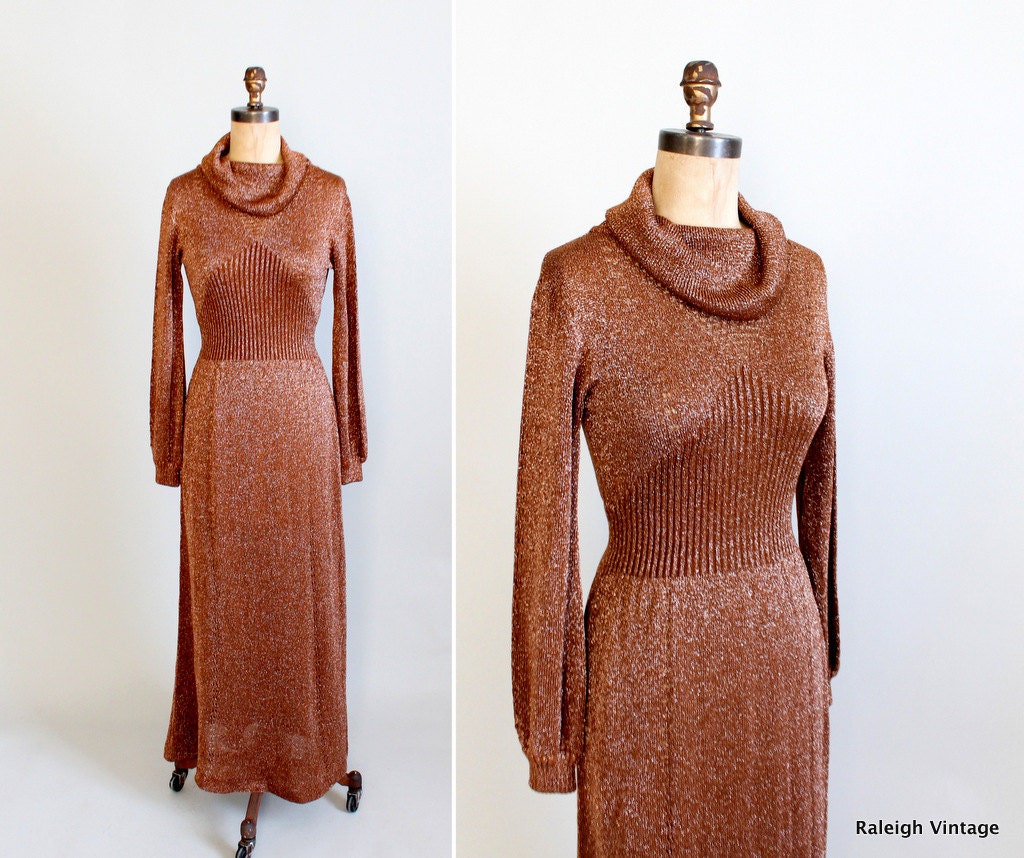 Vintage 1970s Dress : 70s Sparkle Knit Maxi Dress