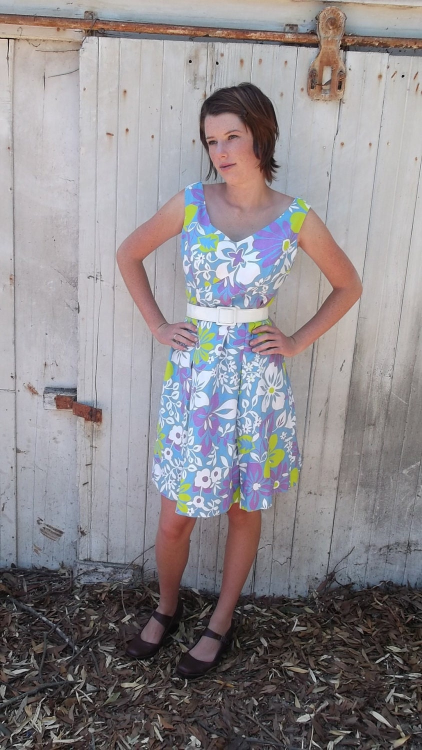 vintage 60s mod dress blue floral print sundress Large
