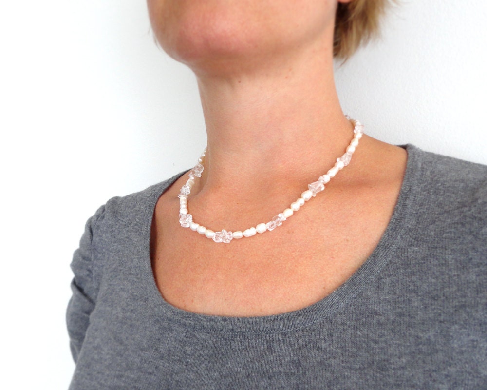 White pearl necklace clear quartz stones short elegant minimalist ooak