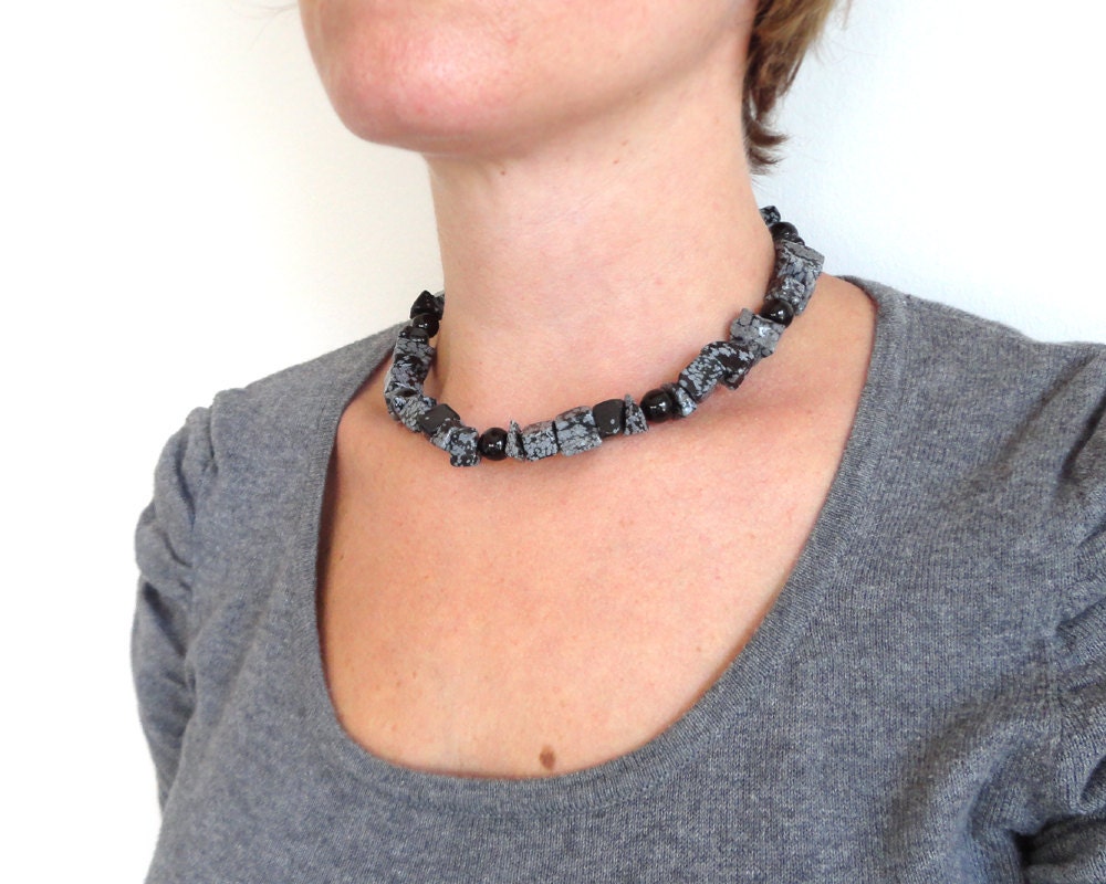 Chunky stone statement necklace large snowflake obsidian black onyx choker rocker ooak