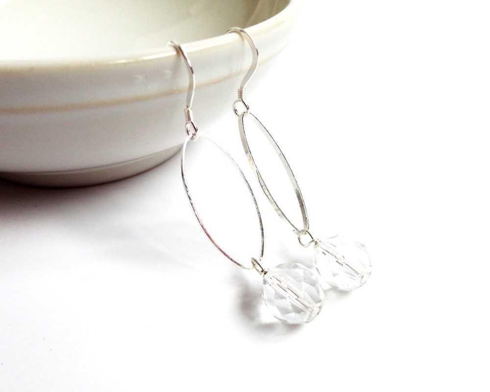 Glitter silver earrings oval sparkle glass dangle minimalist elegant