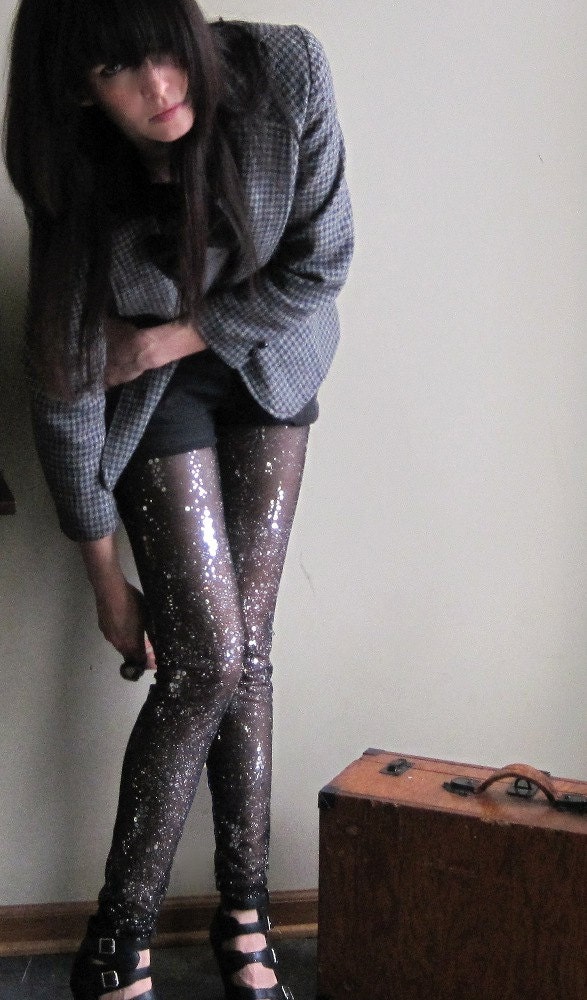 Sequin stars leggings - cosmic sheer black embellished sequin and glitter - large