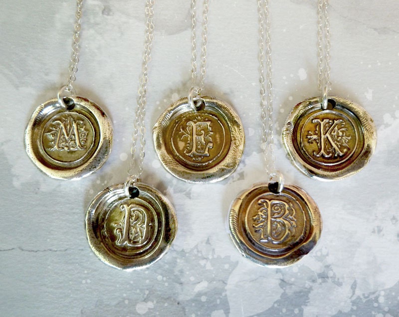 Personalized Necklace. Bridesmaid Gift Set of Five Silver Necklaces.  Wax Seal Monogram Initial Letter Fine Silver Pendant . Wedding Jewelry