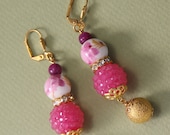 2" 3/4 L Pink n White porcelain, jade stones, hot pink rhinestone ball, gold ball,  dangle,drop, earrings