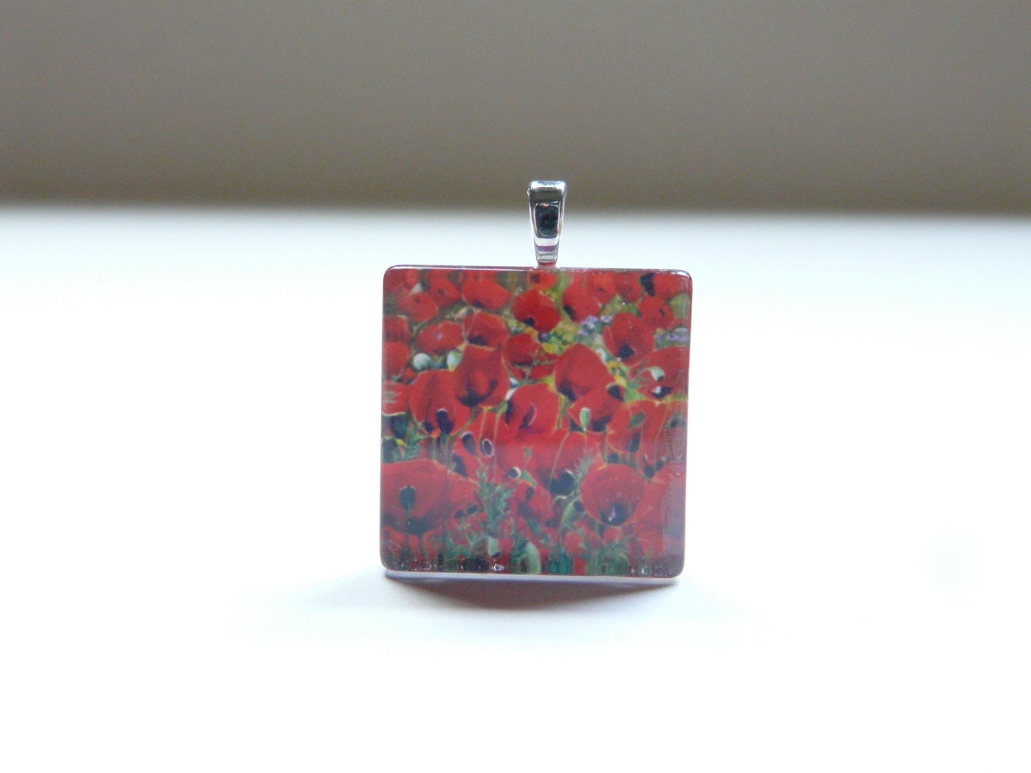 Red Poppies Flowers Square Glass Tile Pendant With Silver Ball Chain Necklace (F3)