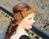 Knit Headband. Knit Earwarmer. Brown Headband. Brown Earwarmer. Big Bow Headband. Vintage Headband. Retro Headband. Made to Order.