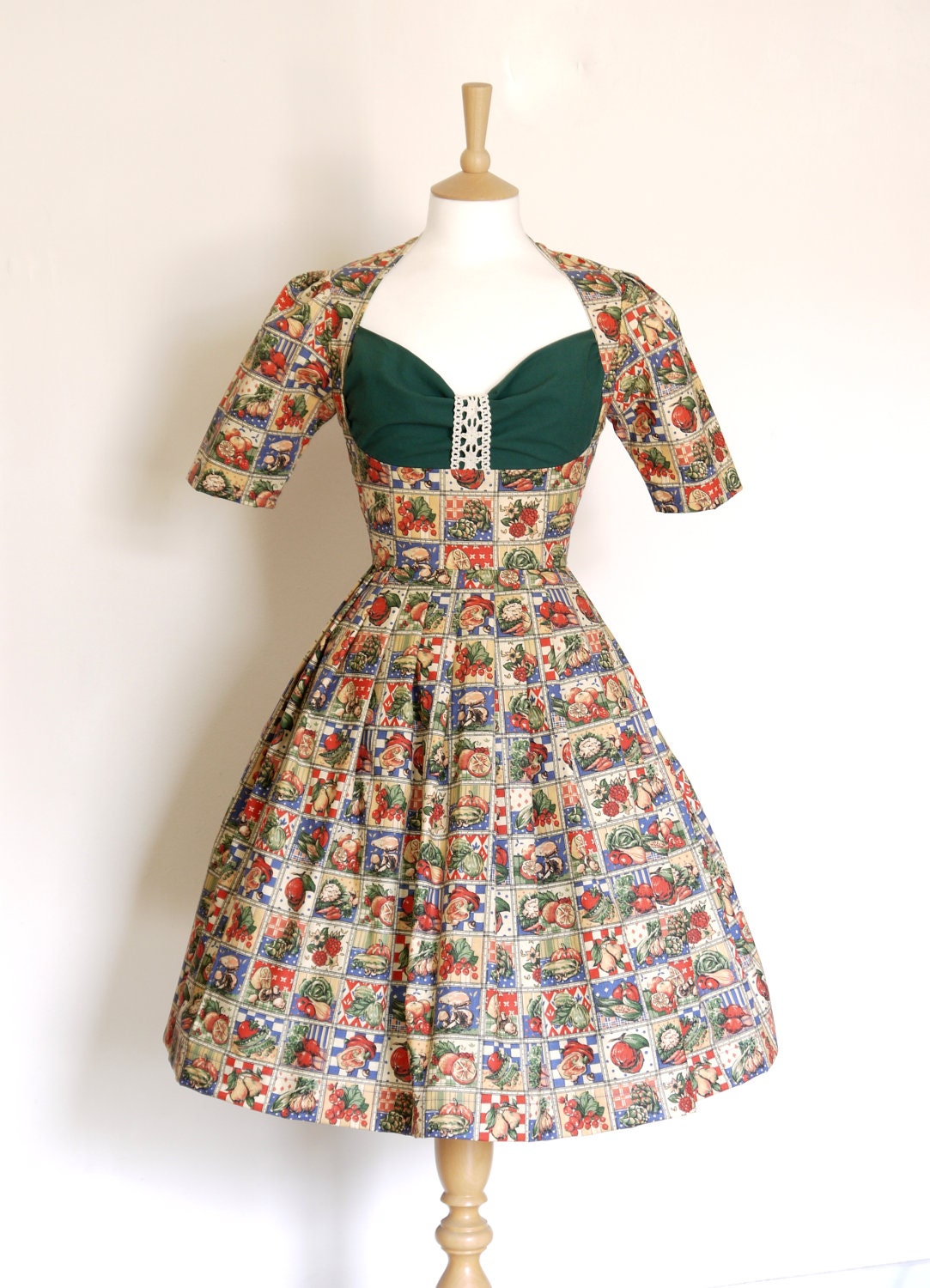 Size UK 14 (US 16) - Country Vegetable Patchwork Print Heidi Dress- Made by Dig For Victory
