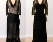 1940s Evening Gown, 40s Black Floral Net Lace Full Length Party Dress & Slip, Side Swag Peplum Art Deco Old Hollywood, Near Excellent