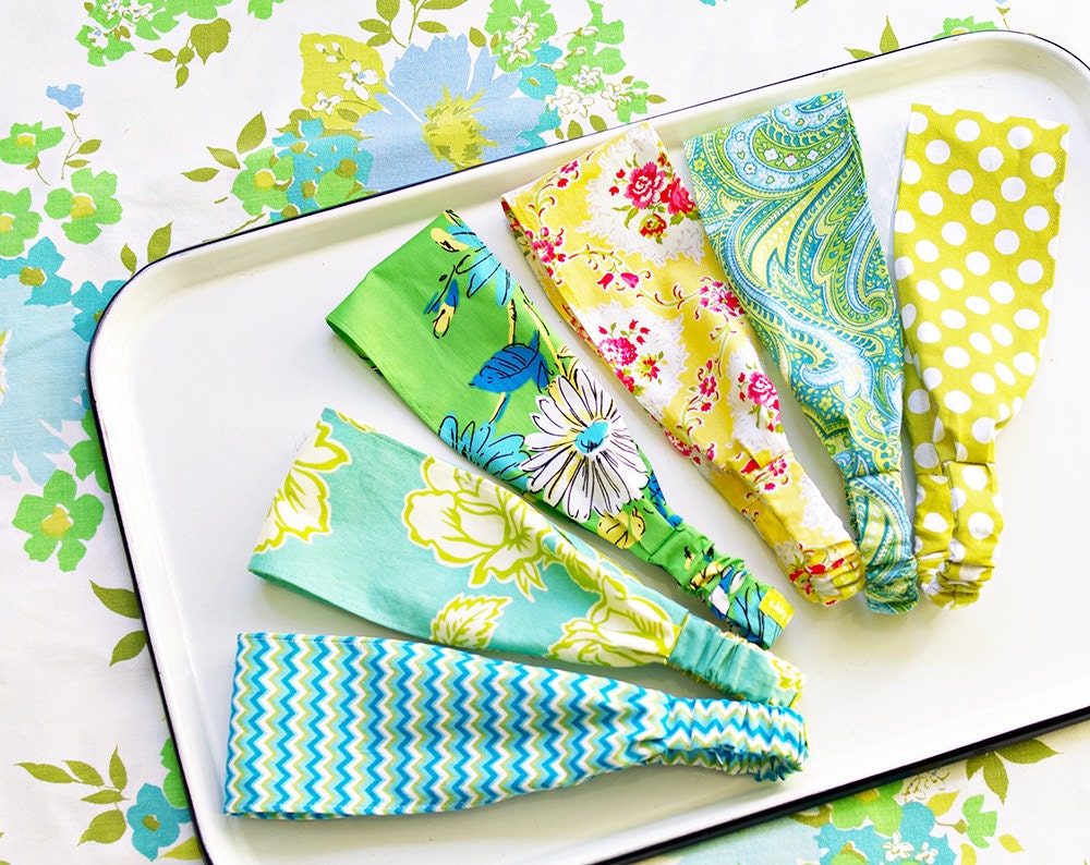 Wide Headbands Set of 3: Aqua Lime Yellow- Vintage Inspired Florals- Choose from 42 Patterns- Ready to Ship