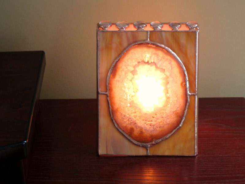 Geode Stained Glass Lamp Agate Brown Night Light Mens Handmade OOAK - FleetingStillness