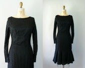 Vintage 1950s Black Lace Flare Skirt Cocktail Dress - 50s Black Lace Formal Dress