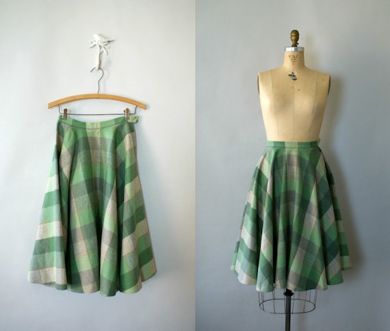 Vintage 1950s Pendleton Wool Green Buffalo Check Plaid Circle Skirt