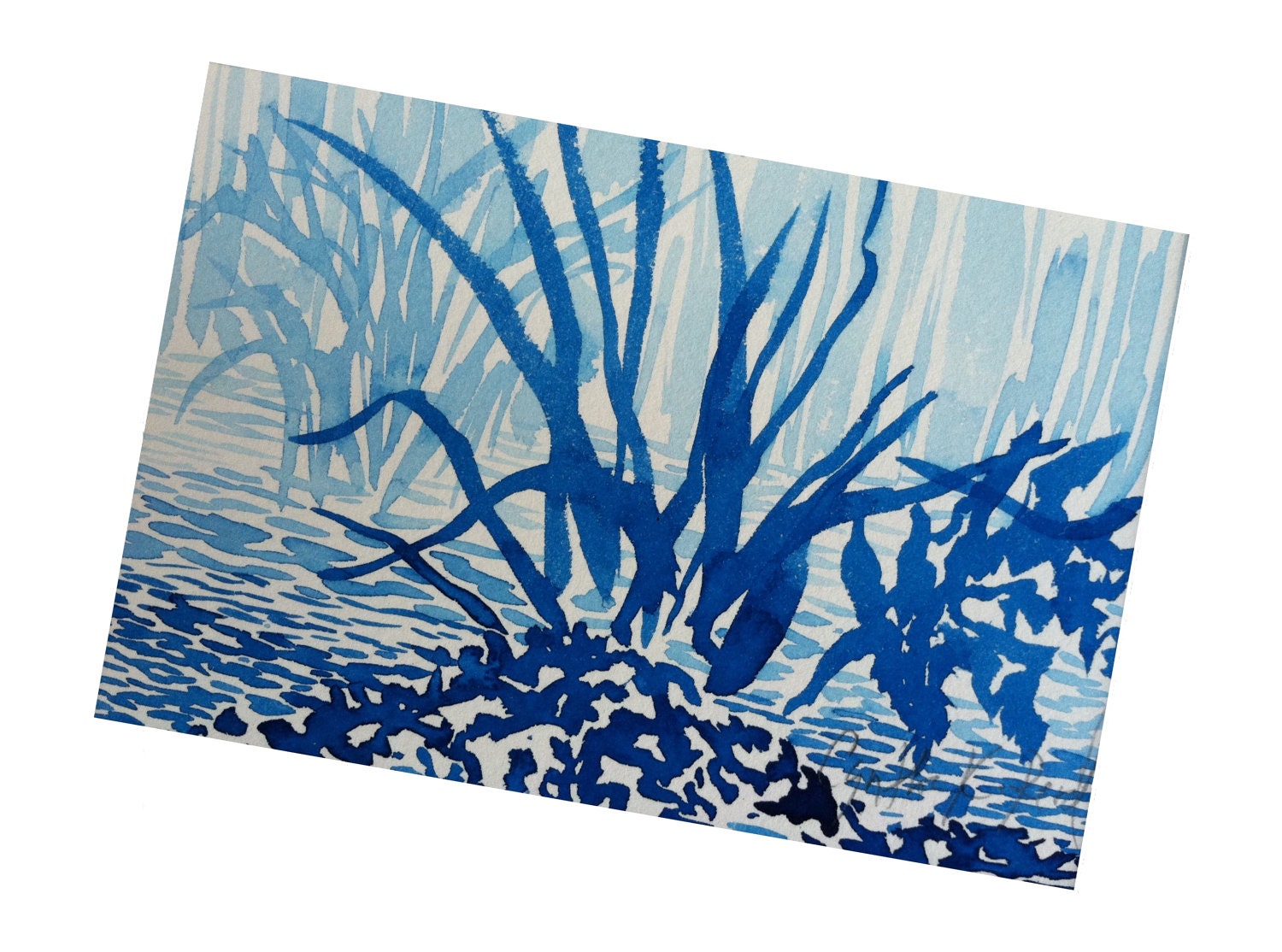 Blue landscape, original watercolor matted 8x10